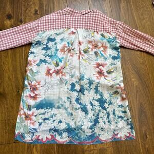 Johnny Was Workshop button up gingham floral silk tunic blouse small